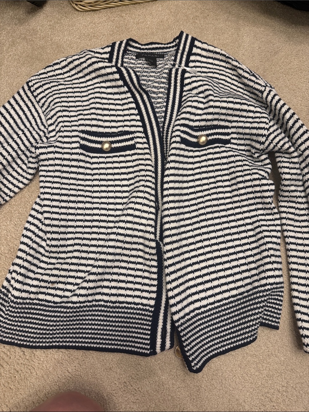 Tahari Navy & White Striped Open Front Cardigan with Pearl Pocket Accents